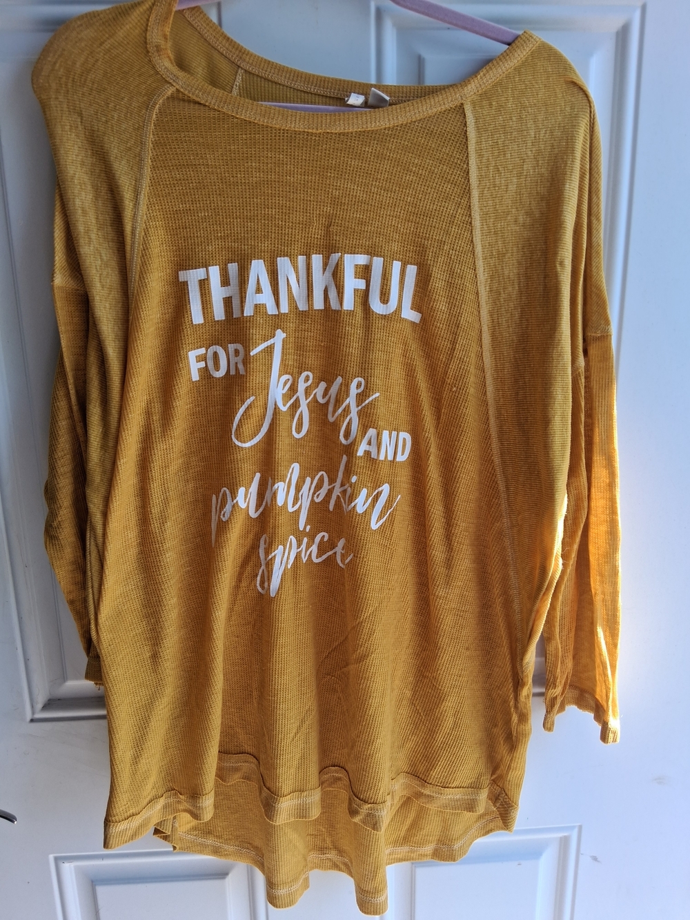 Mustard Yellow Long Sleeve Graphic Tee - Thankful for Jesus and Pumpkin Spice